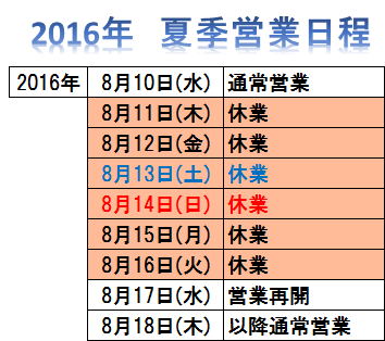 2016 夏季休業日程 2016 夏季休業日程