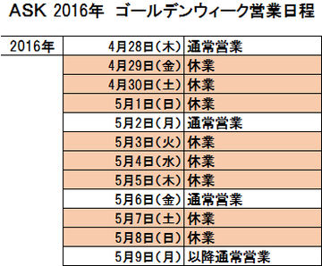 ゴールデンウィークの営業日程について ゴールデンウィークの営業日程について